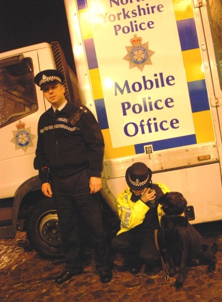 Inspector John Wilkinson and Thirsk’s Sergeant Frances Hannan with drugs detection dog Moss