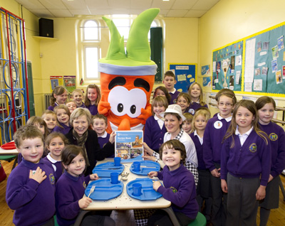 Herbie the Carrot, North Yorkshire’s healthy school meals champion, launches the recipe book with children from Reeth county primary school, their cook Joanne Simpson and Cynthia Welbourn (left) North Yorkshire’s corporate director for the Children and Young People’s Service.