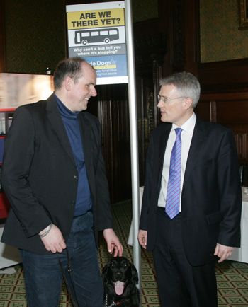 ndrew Jones MP talks buses with the Guide Dogs’ Transport Policy Officer, John Welsman and guide dog Sorrel