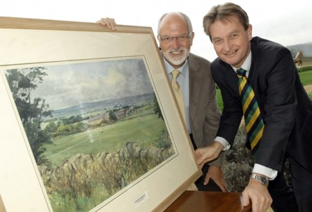 Photo shows artist Les Packham (left) with Nigel Pulling, Chief Executive of the Yorkshire Agricultural Society with the painting – “A Yorkshire Farmstead.”
