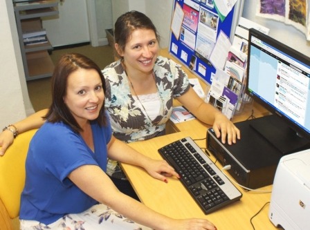 Promoting Nidderdale on the “twittersphere”! YorkshireWords’ Victoria Sauron (right) and Nidderdale Plus admin officer Rochelle Wilson tweeting during #NidderdaleHour