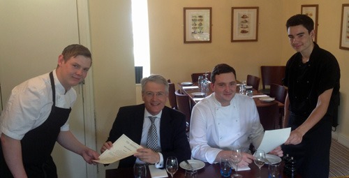 Andrew Jones MP with (L to R) apprentice Josh Dove, The Pantry owner Jonathan Elvin and apprentice Harry Monkman