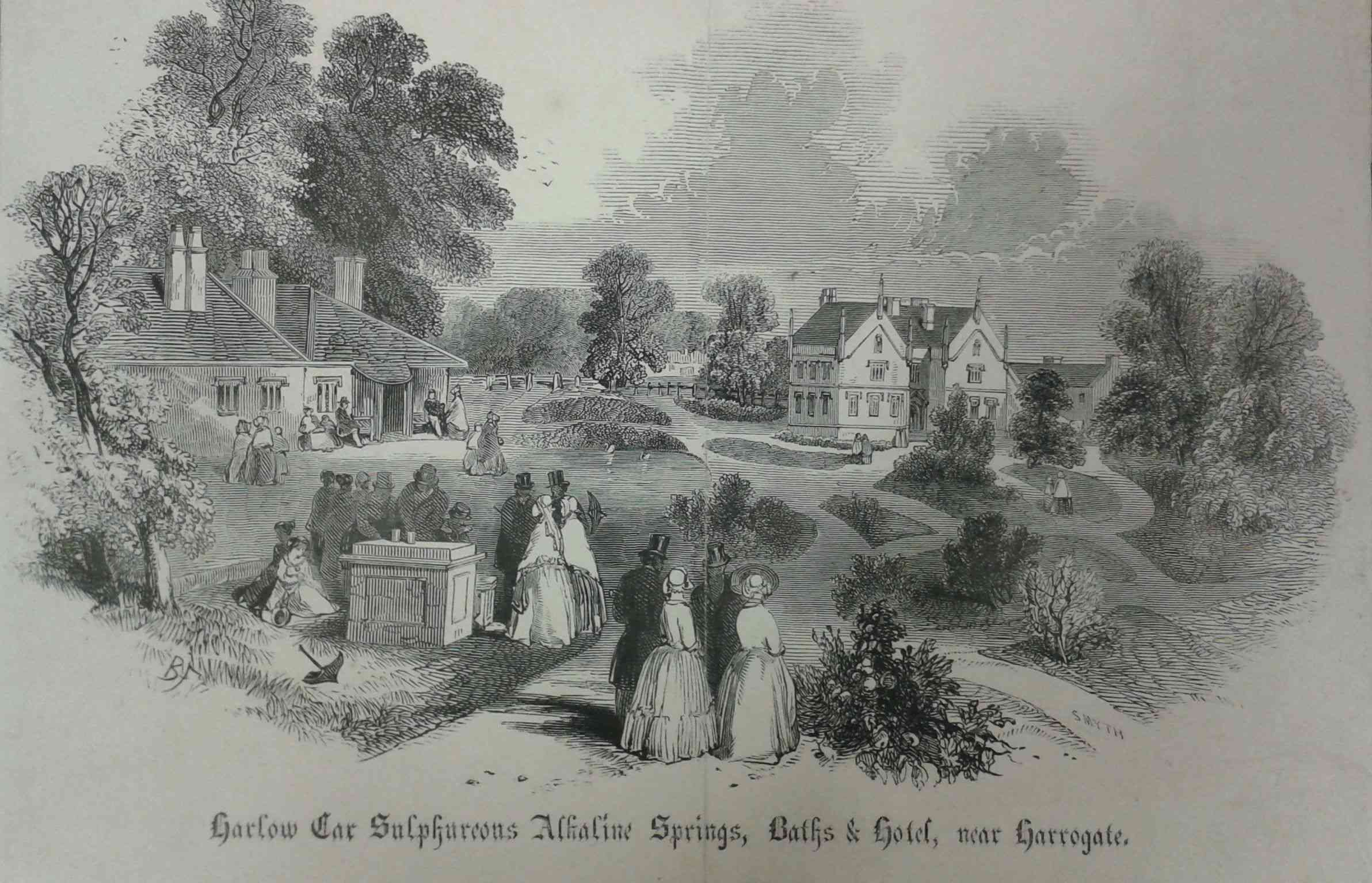 Engraving showing the Harrogate Arms, Bath House and gardens, c1857