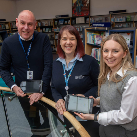 Vp plc’s group risk and sustainability director, Mathew Wood, North Yorkshire Council’s library supervisor at Harrogate Library, Catherine Skyvington, and Vp plc’s group risk and sustainability officer, Ellie Rose, at Harrogate Library where tablet computers were handed over to the Reboot North Yorkshire scheme