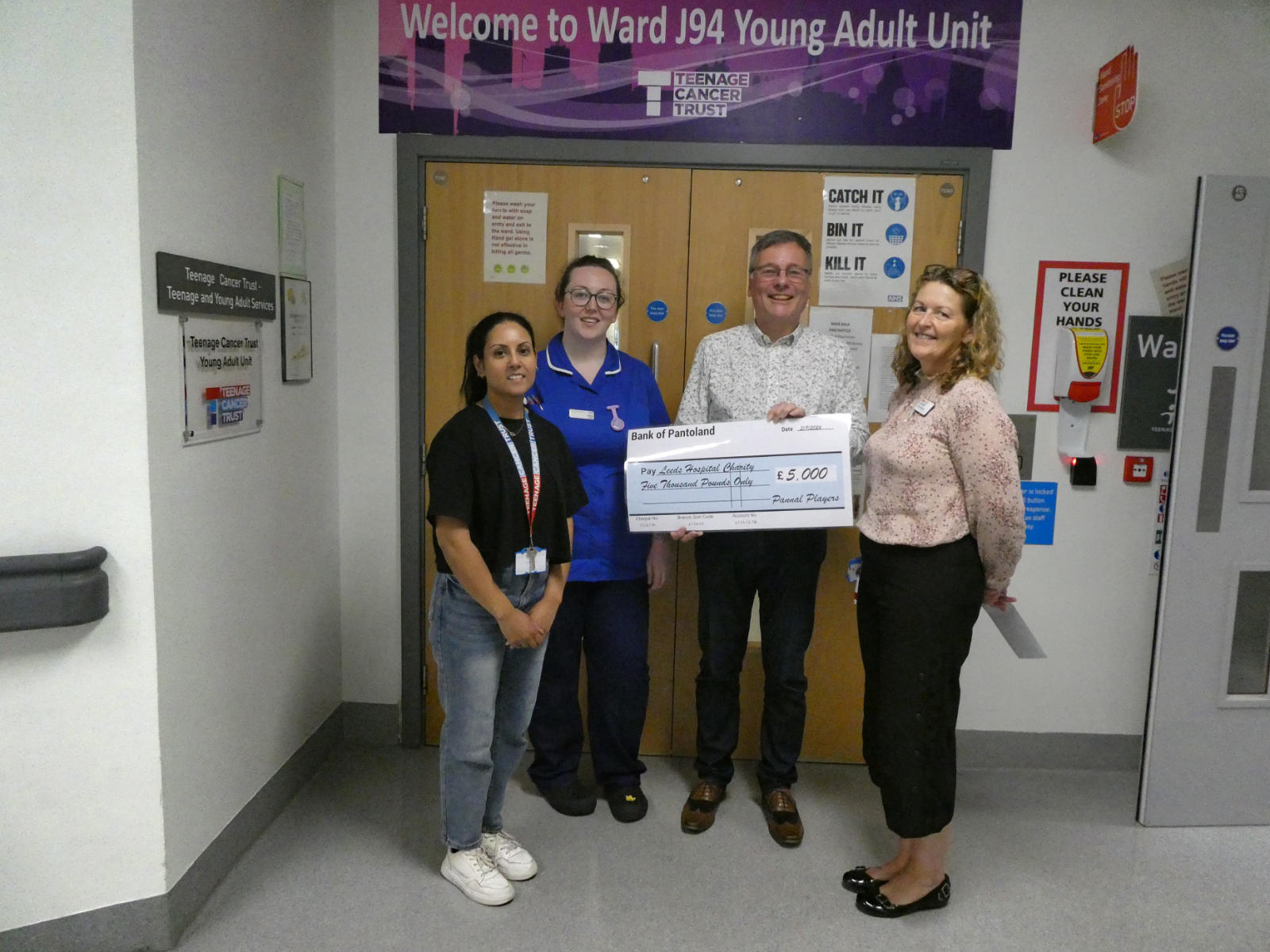 Michael Newby presents a cheque for £5,000 to members of the Teenage and Young Adult cancer service team at St James’ Hospital. L-r: Padma Donamsetti, Chloe Pendleton, Michael Newby, Diane Hubber