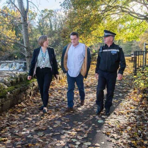 North Yorkshire Council’s senior community safety officer, Helenor Gwatkin, and North Yorkshire Council’s member for the Richmond division, Cllr Stuart Parsons, reflect on the success of Project Spotlight at The Falls and Batts area of Richmond with North Yorkshire Police Inspector, Mark Gee.