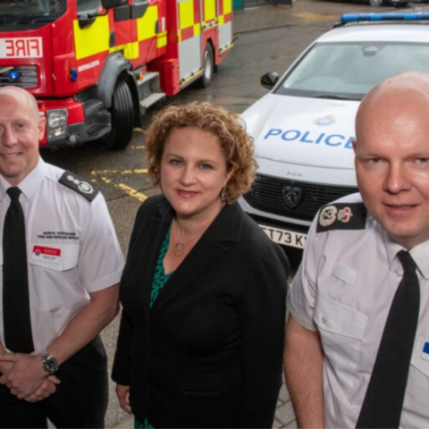 Jo Coles Deputy Mayor for policing, fire and crime with Chief Fire Officer Jonathan Dyson and Tim Forber, Chief Constable