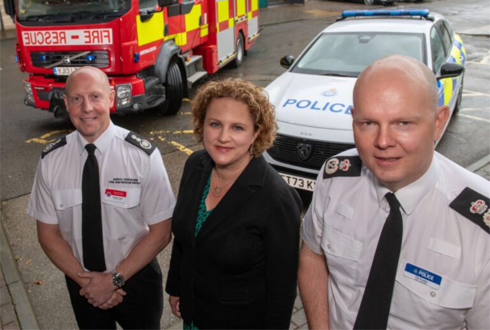 Jo Coles Deputy Mayor for policing, fire and crime with Chief Fire Officer Jonathan Dyson and Tim Forber, Chief Constable