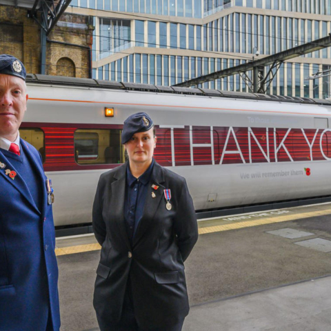 Pictured alongside LNER’s special liveried InterCity 225 ‘For the Fallen’ (Class 91 No. 91111) which is dedicated to those who lost their lives during World War One, ‘Thank You’ was welcomed into service by former military personnel who now work for LNER. Former Royal Navy Petty Officer Helen Firth and Royal Air Force Senior Aircraftman Will Warwick, were proud to officially launch the special named train at London King’s Cross ahead of its journey to Aberdeen.