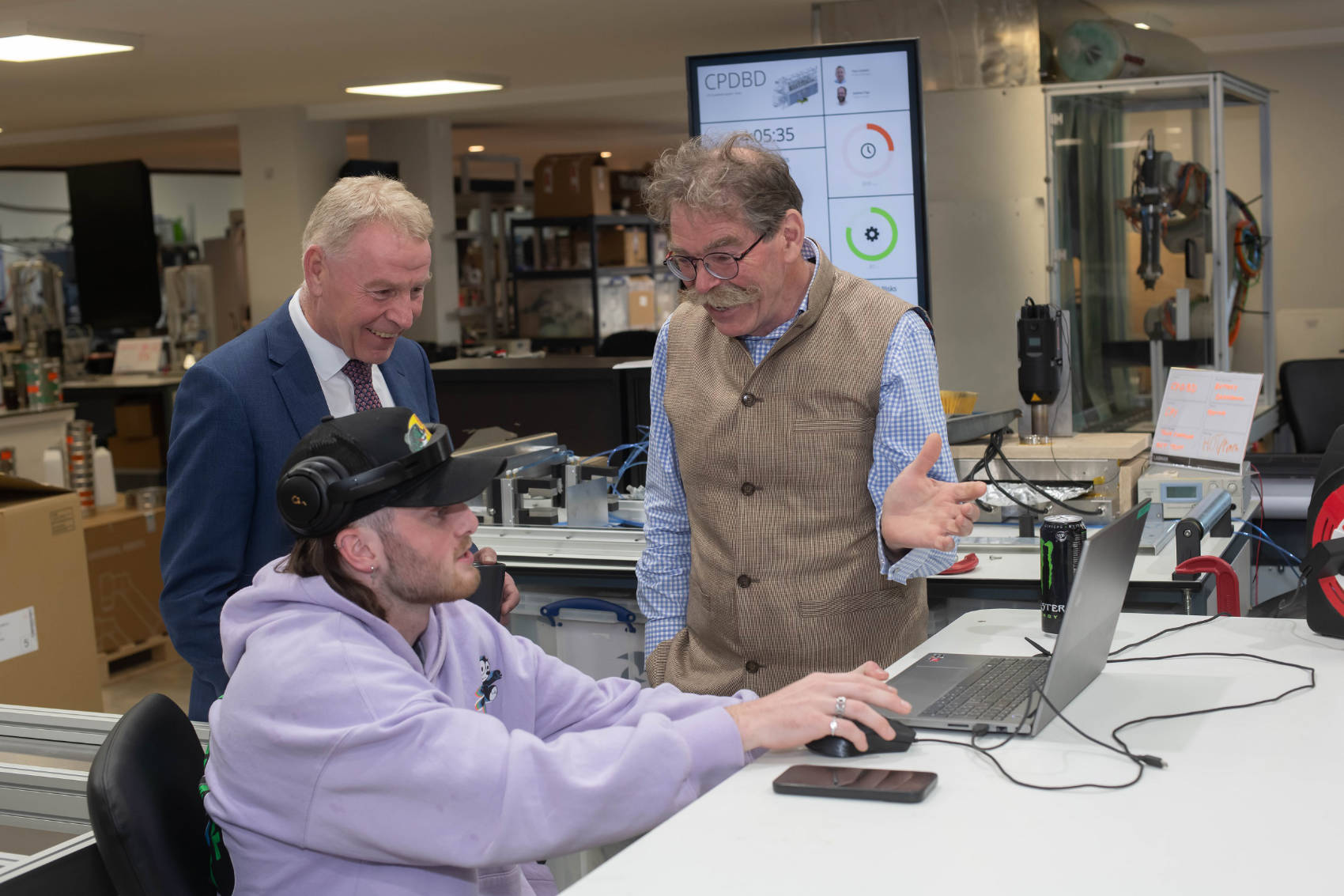 North Yorkshire Council’s chief executive, Richard Flinton (left), with Labman’s managing director, Andrew Whitwell, and 19-year-old mechanical apprentice, Joe Sigsworth