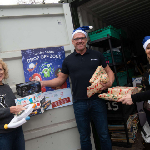 From left, Julie Greenfield and Steven Midgley from Yorwaste, and North Yorkshire Council’s head of early help, Barbara Merrygold, at a recycling centre accepting used toys