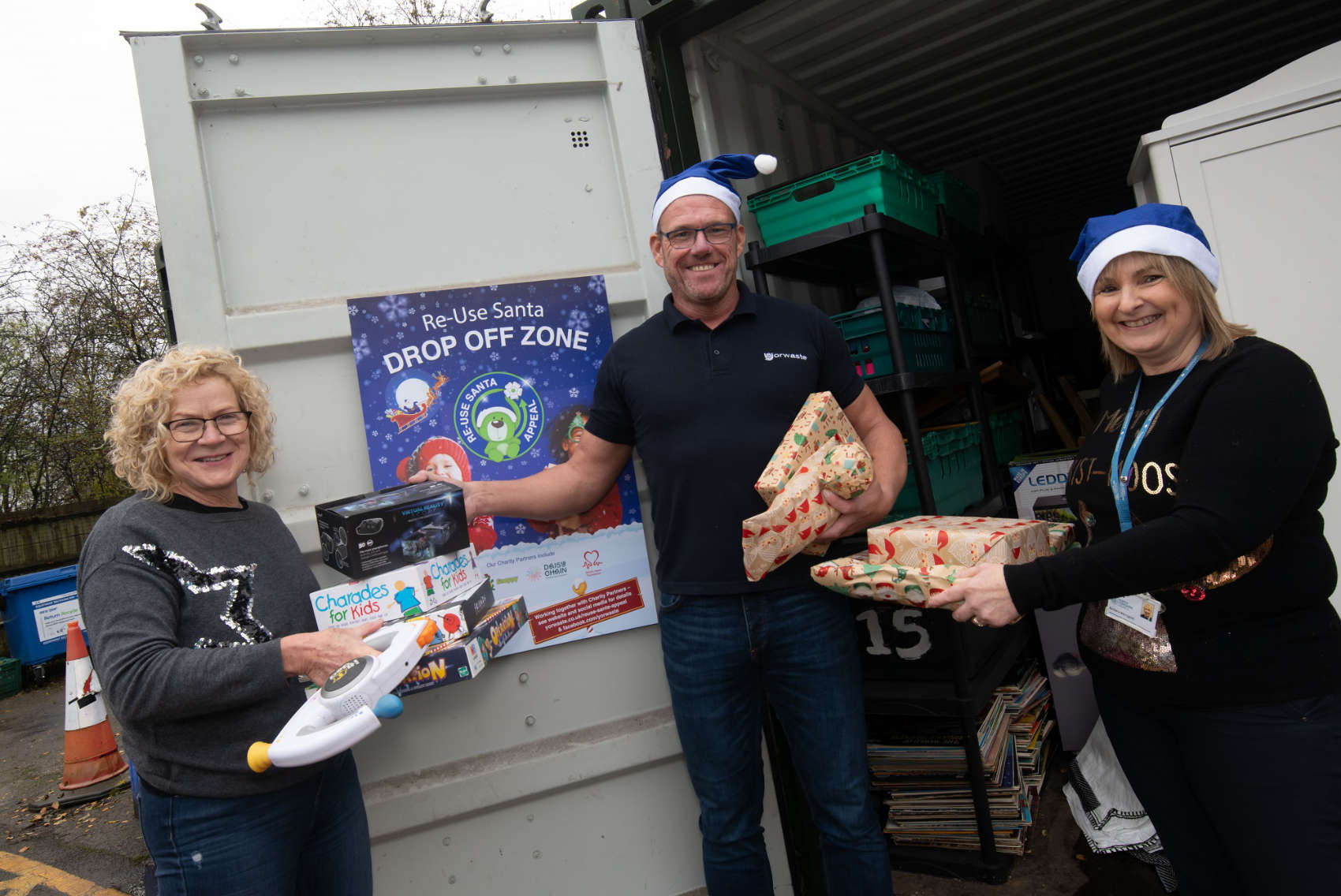 From left, Julie Greenfield and Steven Midgley from Yorwaste, and North Yorkshire Council’s head of early help, Barbara Merrygold, at a recycling centre accepting used toys