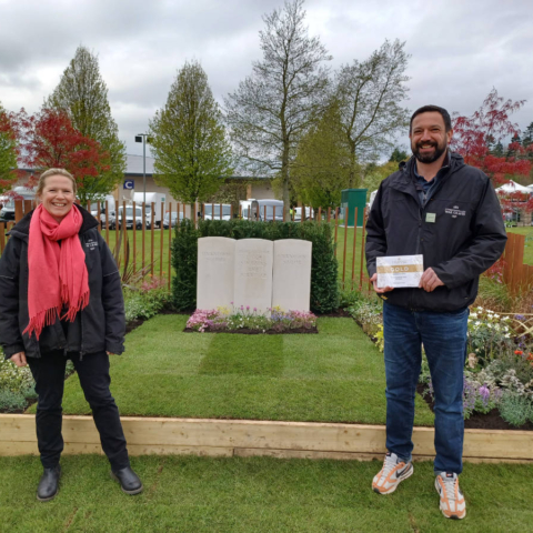 Gardener Helen Gregory and Head Gardener Tim Lambert in front of the gold award-winning Commonwealth War Graves Commission show garden