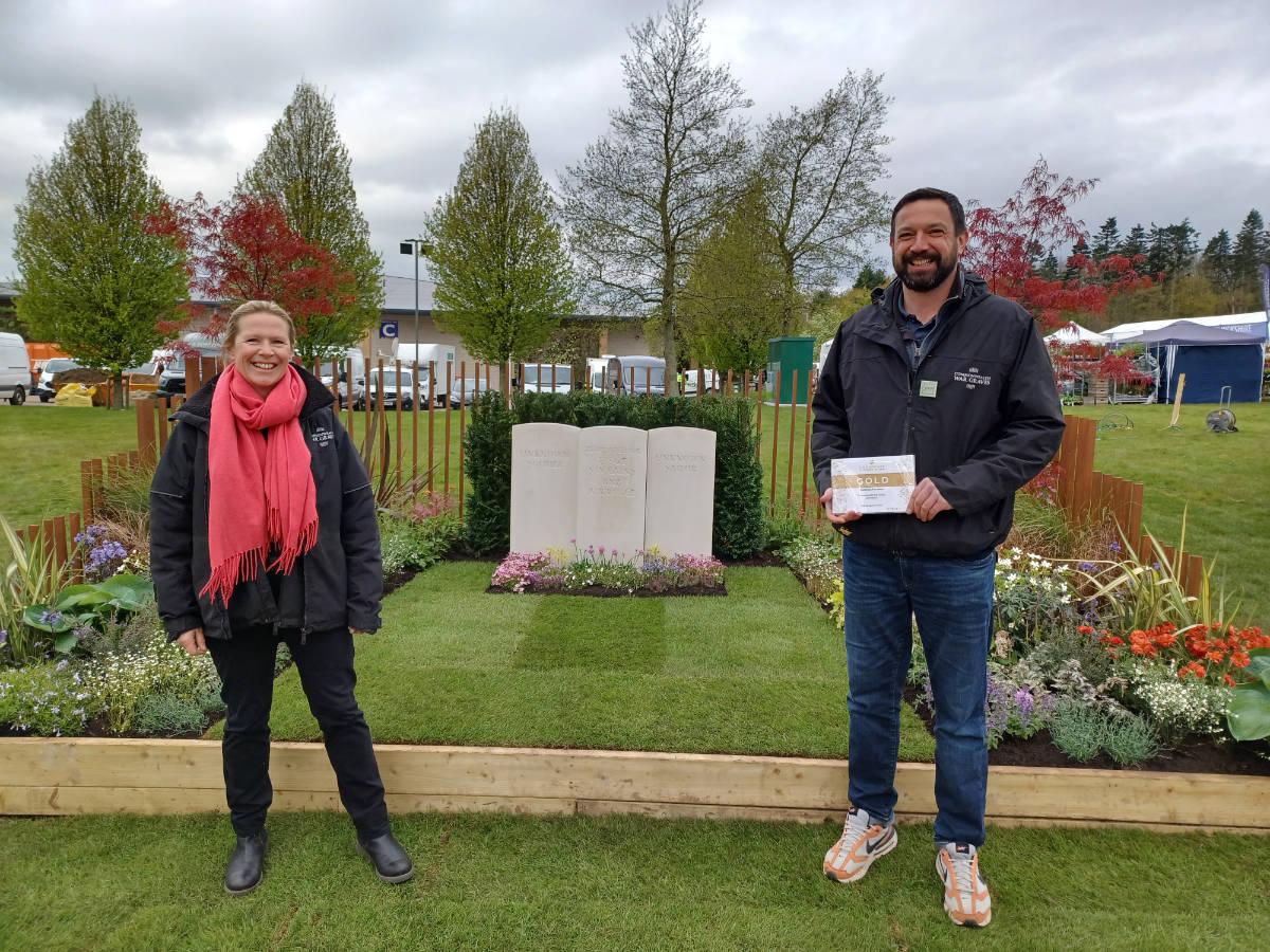 Gardener Helen Gregory and Head Gardener Tim Lambert in front of the gold award-winning Commonwealth War Graves Commission show garden