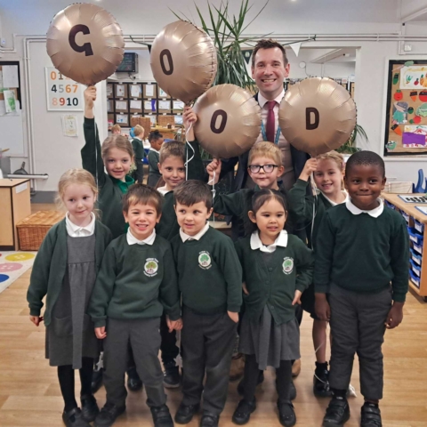 Willow Tree Primary School pupils and headteacher Mr Robert Mold celebrate receiving a “Good” rating from Ofsted