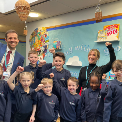 Headteacher Mr James Hughes, Deputy Headteacher Miss Hannah Norton and pupils from Hookstone chase Primary School celebrate their Ofsted success