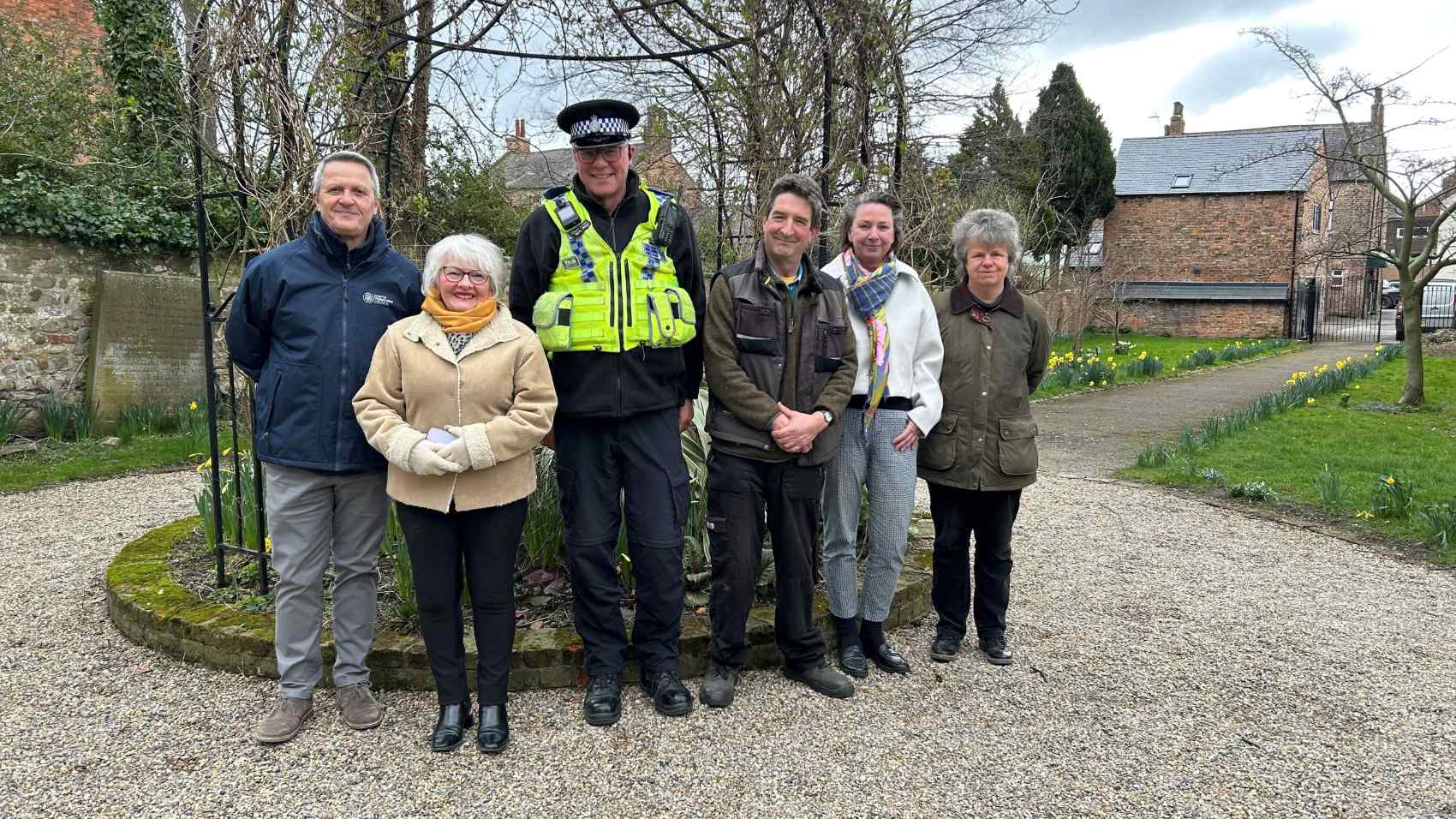 From left to right, North Yorkshire Council’s community safety officer, Paul Roberts, North Yorkshire Council’s elected member for the Ripon Ure Bank and Spa division, Cllr Barbara Brodigan, North Yorkshire Police’s police community support officer, Phil Wright, chairman of Ripon in Bloom, Chris Searle, Ripon BID manager, Lilla Bathurst and Ripon Civic Society’s Mandy Whitehead